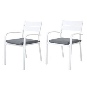 soleil jardin outdoor aluminum 2-piece patio dining chairs with cushions, stackable bistro chairs for balcony, garden, backyard, white finish & grey cushion