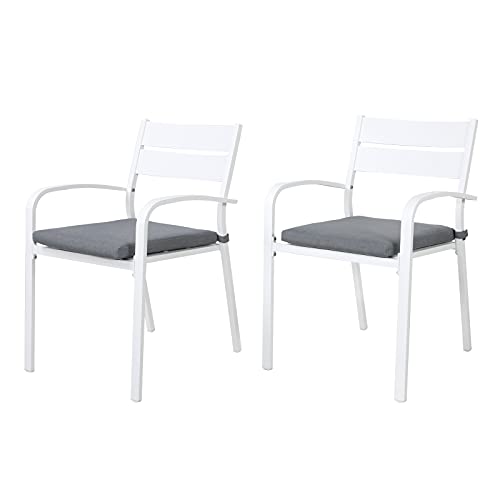 Soleil Jardin Outdoor Aluminum 2-Piece Patio Dining Chairs with Cushions, Stackable Bistro Chairs for Balcony, Garden, Backyard, White Finish & Grey Cushion