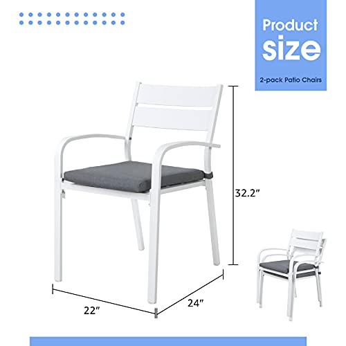 Soleil Jardin Outdoor Aluminum 2-Piece Patio Dining Chairs with Cushions, Stackable Bistro Chairs for Balcony, Garden, Backyard, White Finish & Grey Cushion