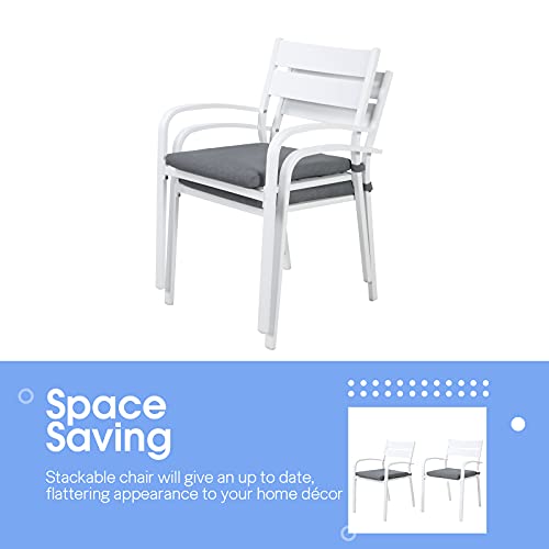 Soleil Jardin Outdoor Aluminum 2-Piece Patio Dining Chairs with Cushions, Stackable Bistro Chairs for Balcony, Garden, Backyard, White Finish & Grey Cushion