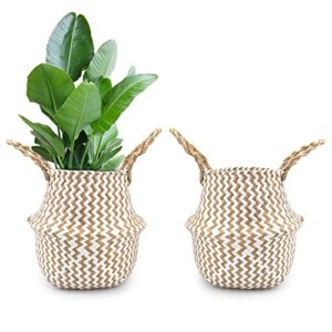 nicunom 2 pack seagrass belly basket white zigzag pattern, 11 inch foldable hand woven plant basket with handles, storage laundry, picnic, beach bag, plant pot cover for home decor