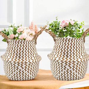 Nicunom 2 Pack Seagrass Belly Basket White Zigzag Pattern, 11 Inch Foldable Hand Woven Plant Basket with Handles, Storage Laundry, Picnic, Beach Bag, Plant Pot Cover for Home Decor