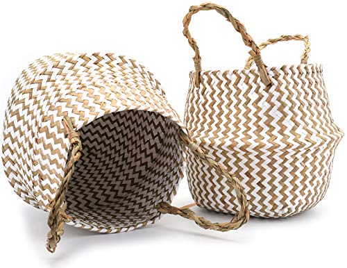 Nicunom 2 Pack Seagrass Belly Basket White Zigzag Pattern, 11 Inch Foldable Hand Woven Plant Basket with Handles, Storage Laundry, Picnic, Beach Bag, Plant Pot Cover for Home Decor