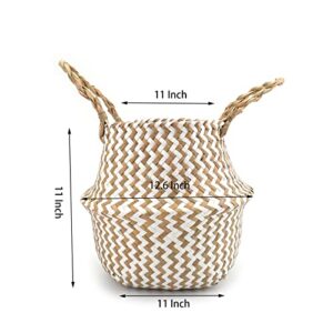 Nicunom 2 Pack Seagrass Belly Basket White Zigzag Pattern, 11 Inch Foldable Hand Woven Plant Basket with Handles, Storage Laundry, Picnic, Beach Bag, Plant Pot Cover for Home Decor