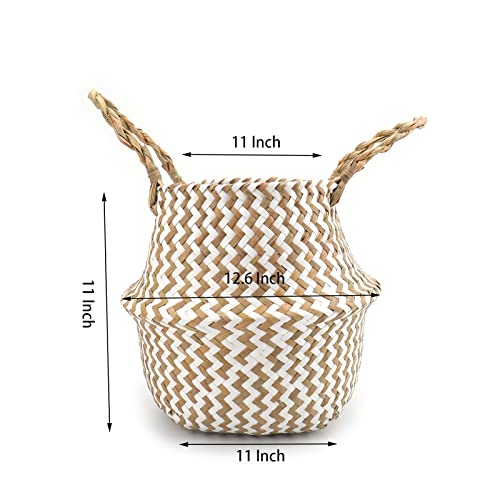 Nicunom 2 Pack Seagrass Belly Basket White Zigzag Pattern, 11 Inch Foldable Hand Woven Plant Basket with Handles, Storage Laundry, Picnic, Beach Bag, Plant Pot Cover for Home Decor