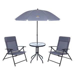 nice c 3 piece patio dining set, garden outdoor furniture table set with tilted removable umbrella, glass table, and 2 folding chairs (grey)