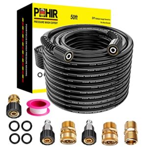 pohir pressure washer hose 50ft 1/4, upgrade 4000psi kink free super flex power washing hose, universal electric power washing replacement/extension hose with m22 to 3/8 quick connect adapter 6 set