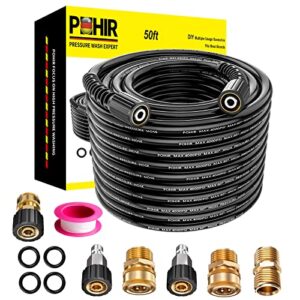 POHIR Pressure Washer Hose 50FT 1/4, Upgrade 4000PSI Kink Free Super Flex Power Washing Hose, Universal Electric Power Washing Replacement/Extension Hose with M22 to 3/8 Quick Connect Adapter 6 Set