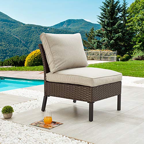 PatioFestival Rattan Armless Chair Wicker Patio Chairs Non-Armrest Sofa with Cushion Outdoor Metal Frame Furniture for Garden Porch Poolside Balcony