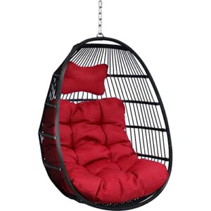sunnydaze julia hanging egg chair with seat cushions – decorative comfy bohemian-style collapsible chair – black polyethylene wicker rattan frame with red polyester cushions – 44 inches tall