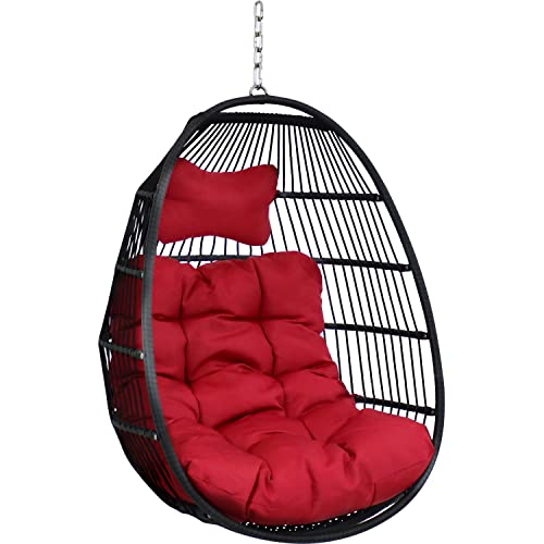 Sunnydaze Julia Hanging Egg Chair with Seat Cushions - Decorative Comfy Bohemian-Style Collapsible Chair - Black Polyethylene Wicker Rattan Frame with Red Polyester Cushions - 44 Inches Tall