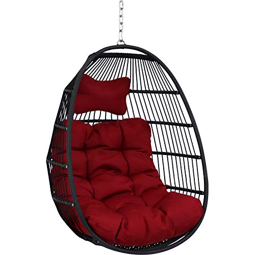 Sunnydaze Julia Hanging Egg Chair with Seat Cushions - Decorative Comfy Bohemian-Style Collapsible Chair - Black Polyethylene Wicker Rattan Frame with Red Polyester Cushions - 44 Inches Tall