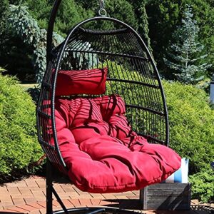 Sunnydaze Julia Hanging Egg Chair with Seat Cushions - Decorative Comfy Bohemian-Style Collapsible Chair - Black Polyethylene Wicker Rattan Frame with Red Polyester Cushions - 44 Inches Tall