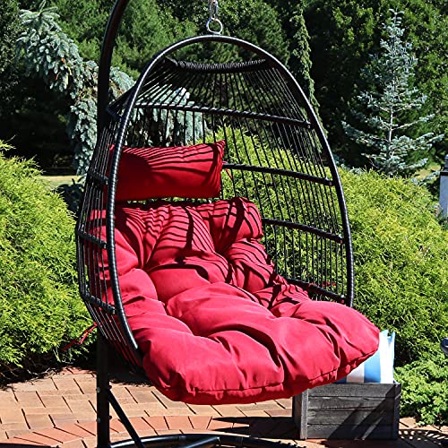 Sunnydaze Julia Hanging Egg Chair with Seat Cushions - Decorative Comfy Bohemian-Style Collapsible Chair - Black Polyethylene Wicker Rattan Frame with Red Polyester Cushions - 44 Inches Tall