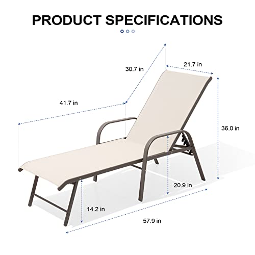 Crestlive Products Aluminum Chaise Lounge Chair, Adjustable Outdoor Recliner with Armrests Outside Sun Tanning Lounger, All Weather for Patio, Poolside, Deck, Backyard, Set of 2 (Champagne)