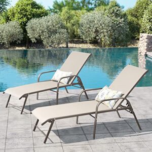 Crestlive Products Aluminum Chaise Lounge Chair, Adjustable Outdoor Recliner with Armrests Outside Sun Tanning Lounger, All Weather for Patio, Poolside, Deck, Backyard, Set of 2 (Champagne)