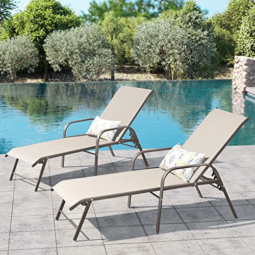 Crestlive Products Aluminum Chaise Lounge Chair, Adjustable Outdoor Recliner with Armrests Outside Sun Tanning Lounger, All Weather for Patio, Poolside, Deck, Backyard, Set of 2 (Champagne)