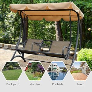 Outsunny 2-Seat Patio Swing Chair, Outdoor Porch Swing Glider with Adjustable Canopy, Cup Holders and Storage Tray, for Garden, Poolside, Backyard