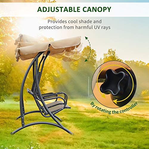 Outsunny 2-Seat Patio Swing Chair, Outdoor Porch Swing Glider with Adjustable Canopy, Cup Holders and Storage Tray, for Garden, Poolside, Backyard
