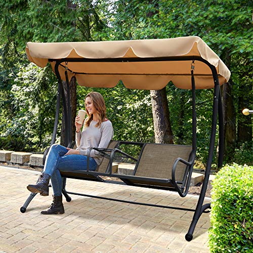 Outsunny 2-Seat Patio Swing Chair, Outdoor Porch Swing Glider with Adjustable Canopy, Cup Holders and Storage Tray, for Garden, Poolside, Backyard