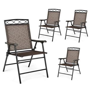 safstar set of 4 folding patio chairs, portable sling chairs with armrests and metal frame, indoor & outdoor reclining chairs for beach backyard balcony (coffee 4 pcs)