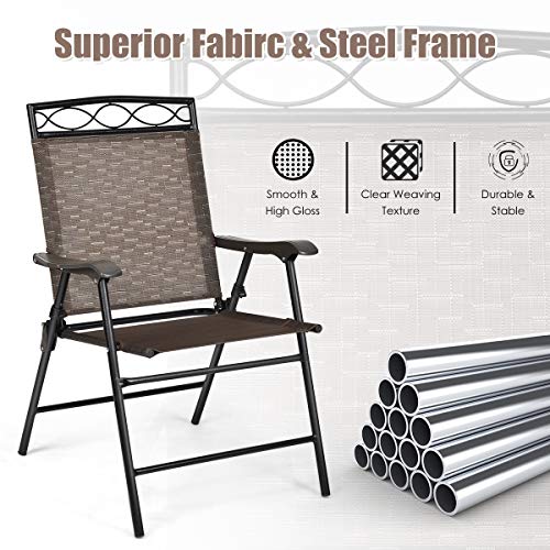 Safstar Set of 4 Folding Patio Chairs, Portable Sling Chairs with Armrests and Metal Frame, Indoor & Outdoor Reclining Chairs for Beach Backyard Balcony (Coffee 4 pcs)