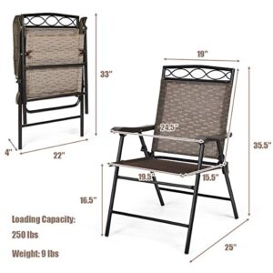 Safstar Set of 4 Folding Patio Chairs, Portable Sling Chairs with Armrests and Metal Frame, Indoor & Outdoor Reclining Chairs for Beach Backyard Balcony (Coffee 4 pcs)