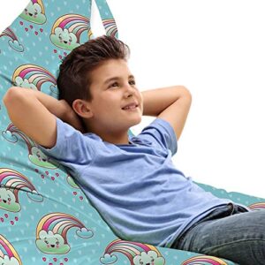ambesonne anime lounger chair bag, cartoon rainbow clouds with smiling faces on pale blue background with hearts, high capacity storage with handle container, lounger size, multicolor