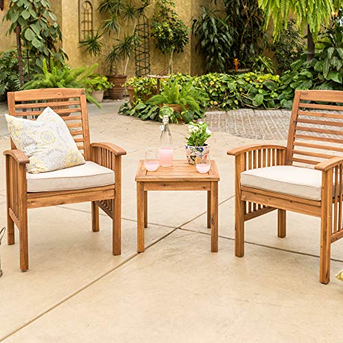 Walker Edison Rendezvous Modern 3 Piece Solid Acacia Wood Slat Back Outdoor Chair and Side Table Set, Set of 3, Brown