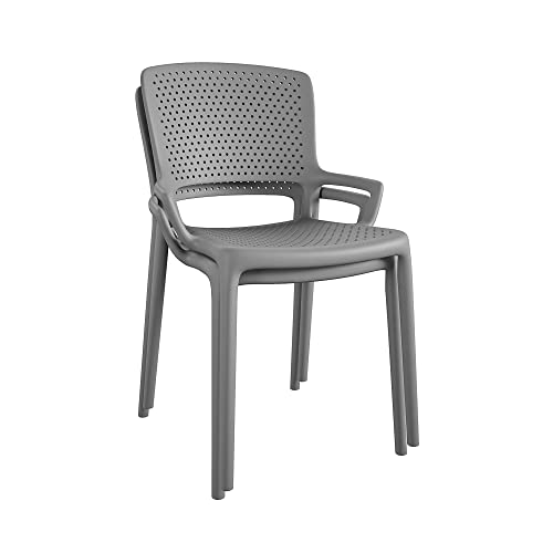 COSCO Outdoor/Indoor Stacking Resin Chair with Square Back and Arms, 2-Pack, Gray