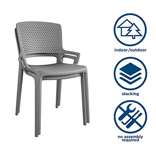 COSCO Outdoor/Indoor Stacking Resin Chair with Square Back and Arms, 2-Pack, Gray