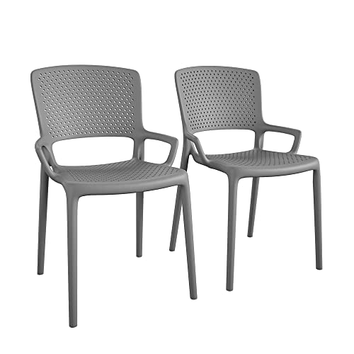 COSCO Outdoor/Indoor Stacking Resin Chair with Square Back and Arms, 2-Pack, Gray