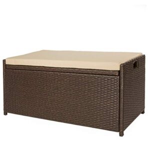 victoria young resin wicker deck box storage bench container with seat and cushion indoor and outdoor use, 60 gallon, espresso brown