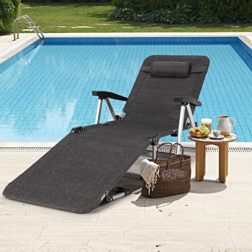 GYMAX Lounge Chairs for Outside, Tri-fold Chaise Lounge with 7 Level Adjustable Backrest, Cup Holder, Headrest & Carry Handle, Portable Beach Tanning Layout Chair for Patio, Poolside, Lawn (1, Grey)