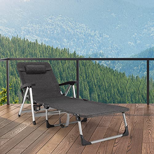 GYMAX Lounge Chairs for Outside, Tri-fold Chaise Lounge with 7 Level Adjustable Backrest, Cup Holder, Headrest & Carry Handle, Portable Beach Tanning Layout Chair for Patio, Poolside, Lawn (1, Grey)