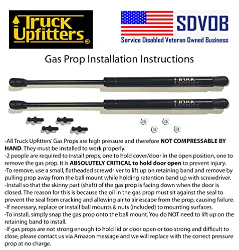 2 Truck Upfitters 12" Gas Props (12.2" ext, 7.5" comp, 40 lbs ea) for are Snugtop Leer Camper Doors & ONLY Aluminum Weatherguard ONLY Toolboxes. Measurement REQ'D! Incl 4 Ball mounts!