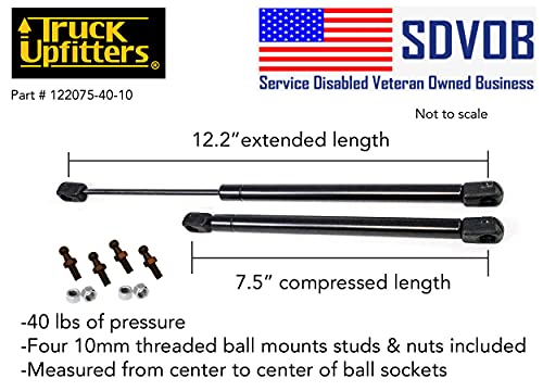 2 Truck Upfitters 12" Gas Props (12.2" ext, 7.5" comp, 40 lbs ea) for are Snugtop Leer Camper Doors & ONLY Aluminum Weatherguard ONLY Toolboxes. Measurement REQ'D! Incl 4 Ball mounts!