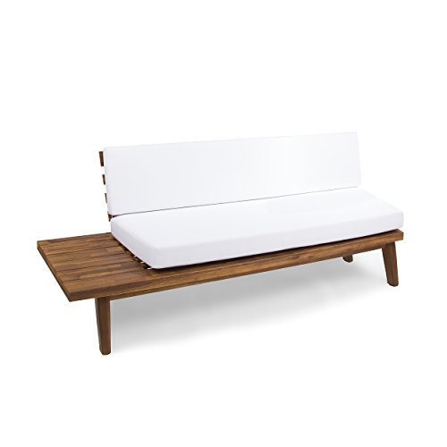 Christopher Knight Home Eulah Indoor Minimalist Acacia Wood Left-Sided Sofa with White Cushions, Sandblast Finish / White