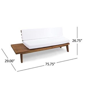 Christopher Knight Home Eulah Indoor Minimalist Acacia Wood Left-Sided Sofa with White Cushions, Sandblast Finish / White