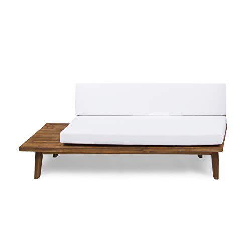 Christopher Knight Home Eulah Indoor Minimalist Acacia Wood Left-Sided Sofa with White Cushions, Sandblast Finish / White