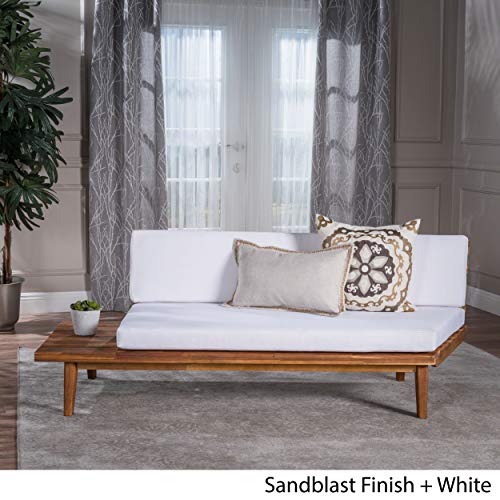 Christopher Knight Home Eulah Indoor Minimalist Acacia Wood Left-Sided Sofa with White Cushions, Sandblast Finish / White