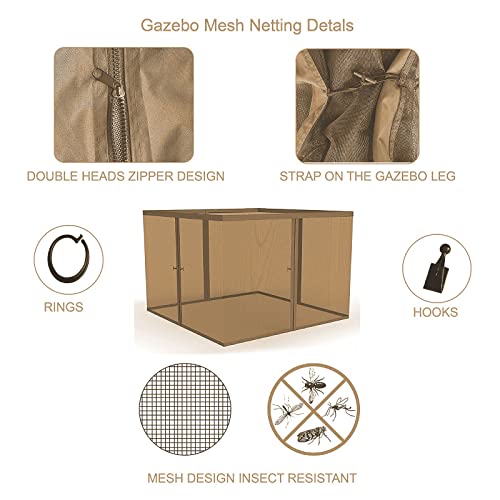 Garden Sunny Gazebo Mosquito Netting Screen 4-Panels Universal Replacement for Patio, Outdoor Canopy, Garden and Backyard (Only Netting) (10'x10', Khaki)