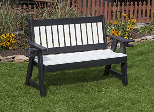 Ecommersify Inc 5FT-Bright White-Poly Lumber Mission Porch Bench with Cupholder arms Heavy Duty Everlasting PolyTuf HDPE - Made in USA - Amish Crafted