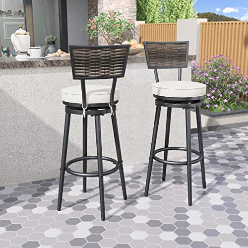 TOP HOME SPACE Patio Swivel Bar Stools Set of 2, Outdoor Bar Height Chairs Metal All Weather Garden Furniture Armless Chair with Rattan Back for Deck Porch Backyard