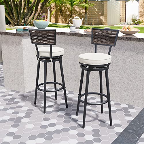 TOP HOME SPACE Patio Swivel Bar Stools Set of 2, Outdoor Bar Height Chairs Metal All Weather Garden Furniture Armless Chair with Rattan Back for Deck Porch Backyard