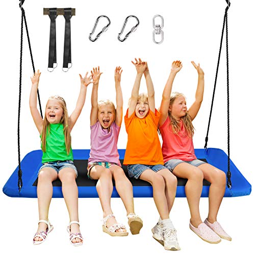 Costzon 700lb Giant 60'' Platform Saucer Tree Swing Set for Kids and Adult, Wear- Resistant Indoor/Outdoor Rectangle Swing w/Durable Steel Frame and 2 Hanging Straps for Porch, Backyard (Blue)