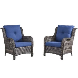 hummuh outdoor wicker chairs pe rattan patio dining chairs set of 2 high back curved armrest porch chairs with 4 inch seat cushions (grey chairs with blue cushions, 35‘’d x 31”w x 35”h)