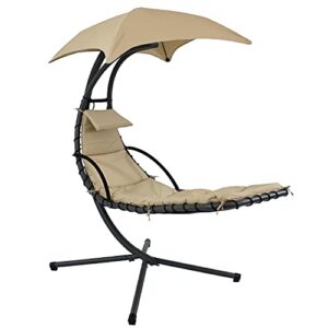 sunnydaze floating chaise lounger swing chair with umbrella canopy – curved steel hammock lounge chair with cushion and pillow – removable cushion and umbrella shade – 82-inch tall – beige