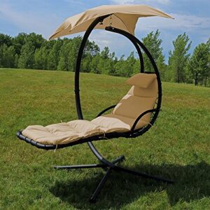 Sunnydaze Floating Chaise Lounger Swing Chair with Umbrella Canopy - Curved Steel Hammock Lounge Chair with Cushion and Pillow - Removable Cushion and Umbrella Shade - 82-Inch Tall - Beige