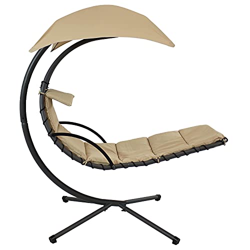 Sunnydaze Floating Chaise Lounger Swing Chair with Umbrella Canopy - Curved Steel Hammock Lounge Chair with Cushion and Pillow - Removable Cushion and Umbrella Shade - 82-Inch Tall - Beige